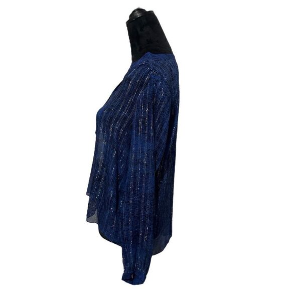 Rebecca Taylor Sheer Navy Blue & Silver Metallic Long Sleeve Top Size 6 - Picture 7 of 12